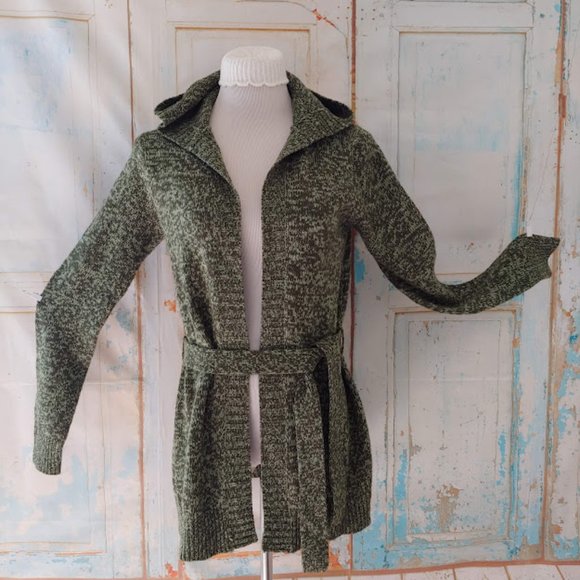 Derek Heart long sleeve hooded  knit cardigan duster sweater w tie/M/green - Picture 4 of 11